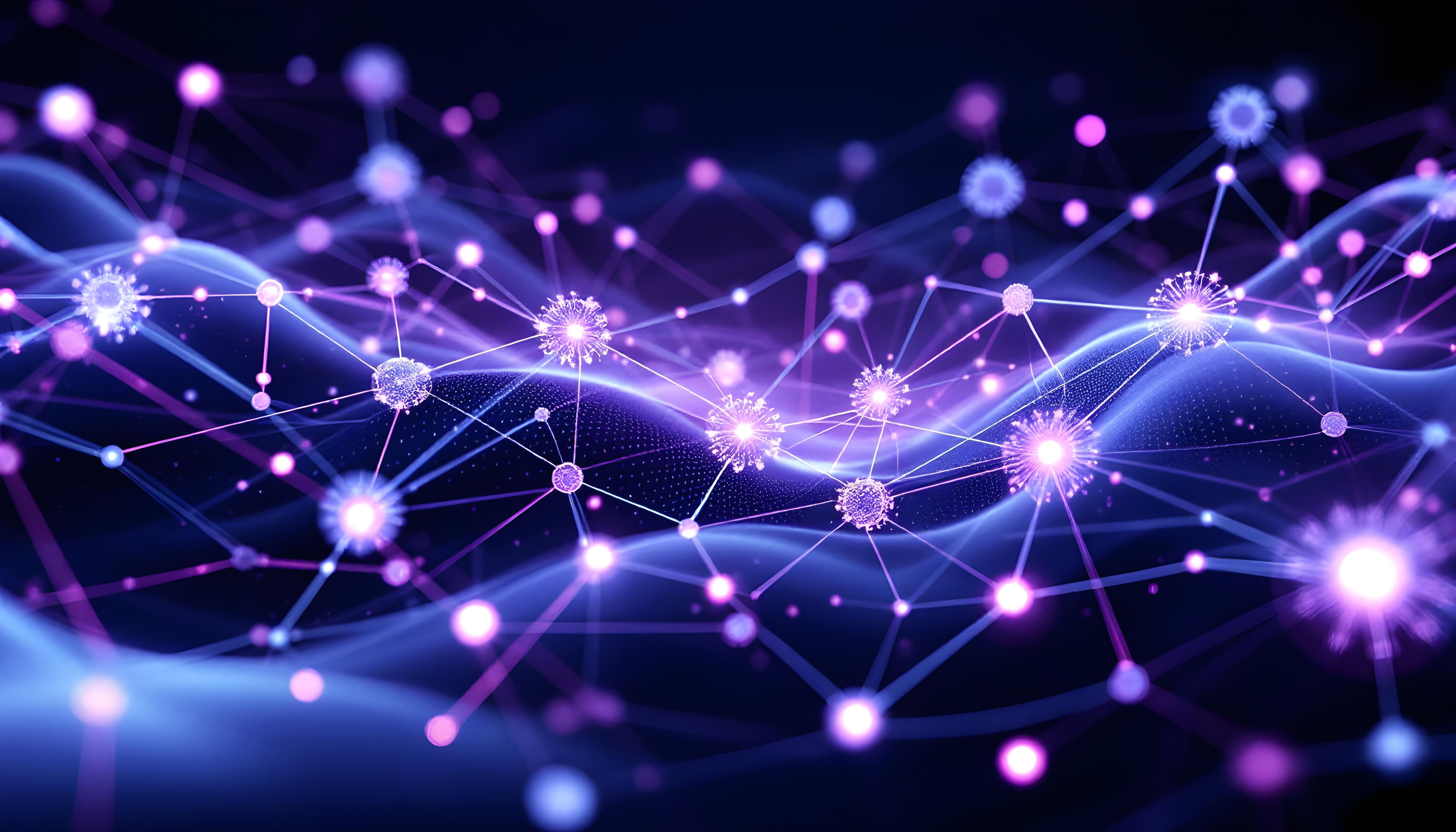 Ilustración abstracta en tonos violeta y azul que representa conexiones neuronales e inteligencia artificial.