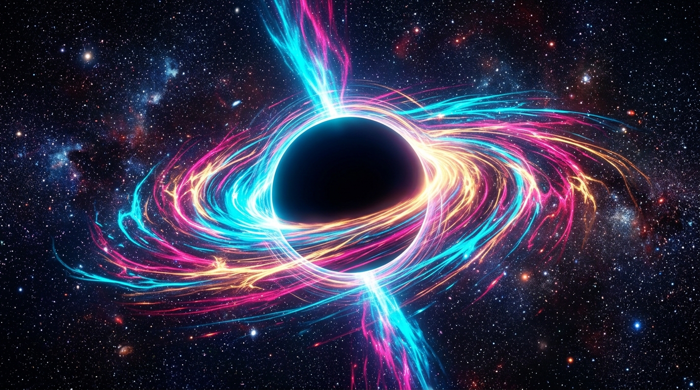 Ilustración espacial de un agujero negro cósmico con disco de acreción brillante y estelas de plasma.
